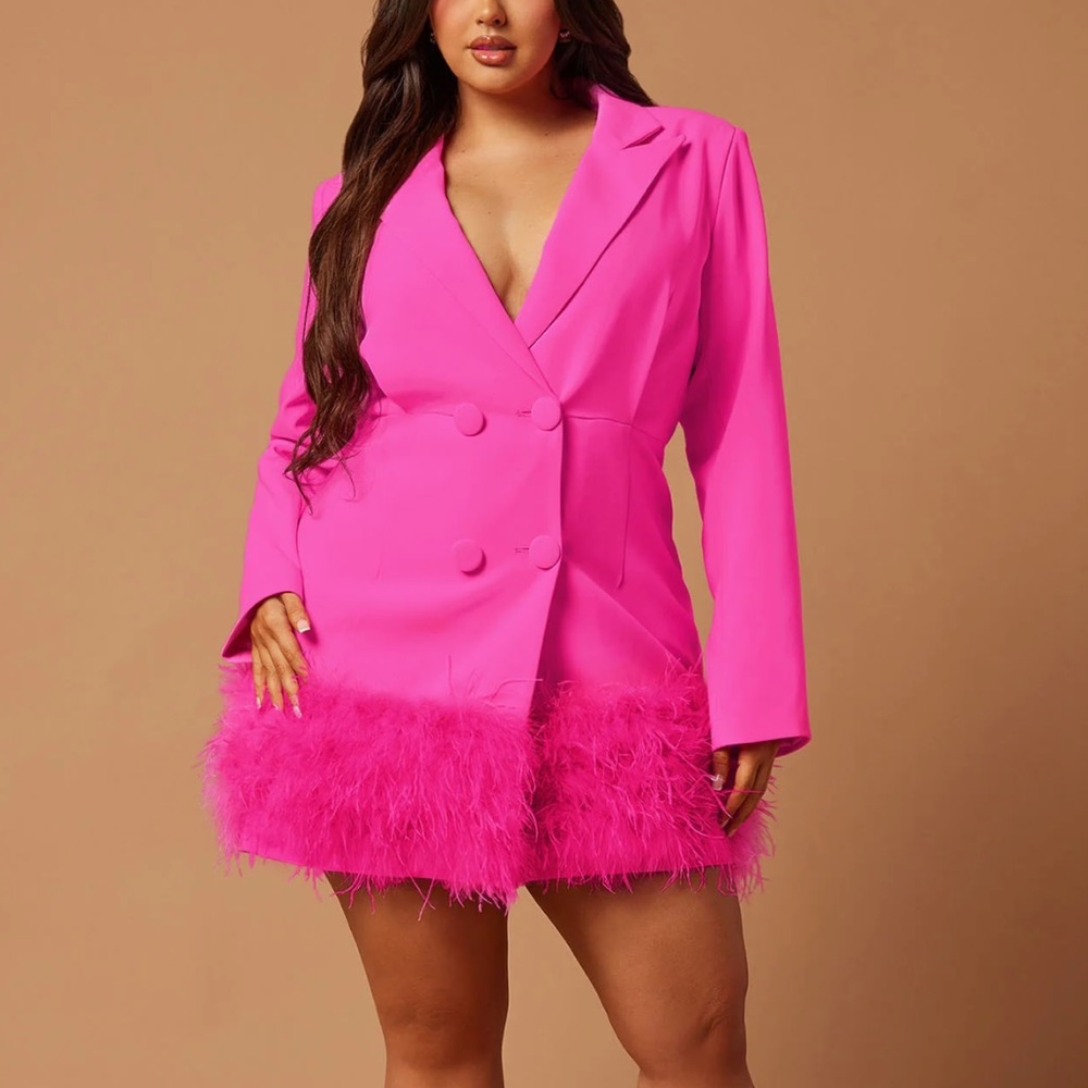Delia Feathered Blazer Dress - Fuchsia